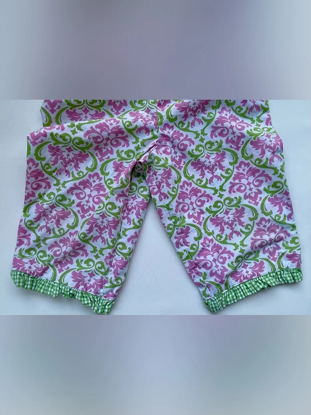 Toddler Pink & Green Damask Summer Romper — Handmade, Boutique inspired